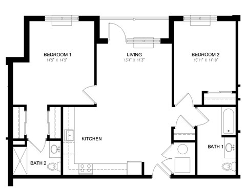 Floor plan for 2 beds, 2 baths, 1003 sqft